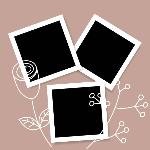 istock Group of life-like photo frame mockups for scrapbooks, highlighted by shadows and linear flowers backdrop. Vector illustration capturing essence of spring 2204537799