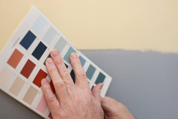 Color palette on a bright colored background. Color palette guide. paper catalog of rainbow color. creative.Palette, samples of trending colors. Color swatches. Decor and interior designer. Top view.