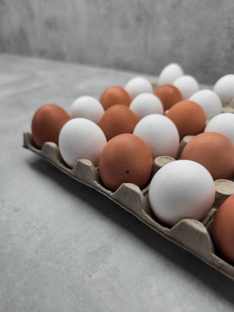 istock Fresh eggs resting in carton on gray table for easter breakfast 2204543071