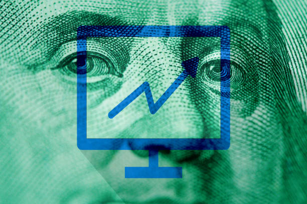 Digital arrows and percentages symbolizing growth and success, glowing on businessman hands, Business development to success and growth concept, interest rate, financial stocks and GDP percent