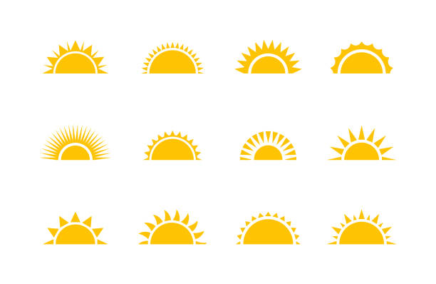ilustraciones, imágenes clip art, dibujos animados e iconos de stock de conjunto de iconos de sol - medio lleno