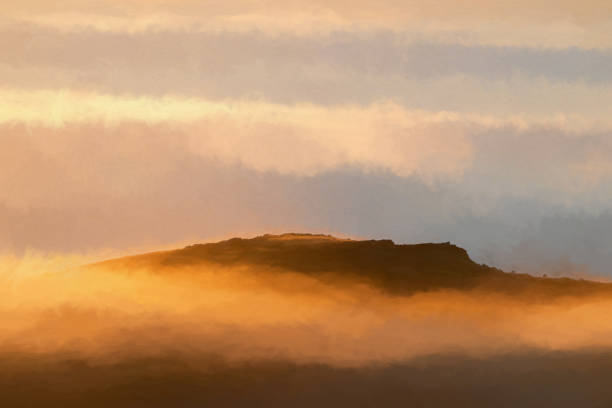 A winter sunrise landscape vignette during a temperature inversion at The Roaches in the Peak District National Park, England, UK.