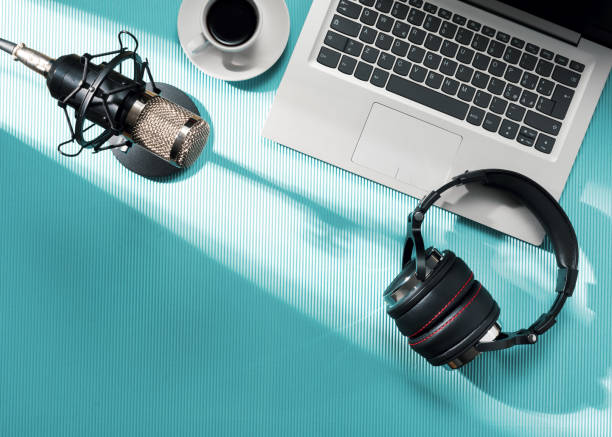 Content creator desk with laptop and audio equipment