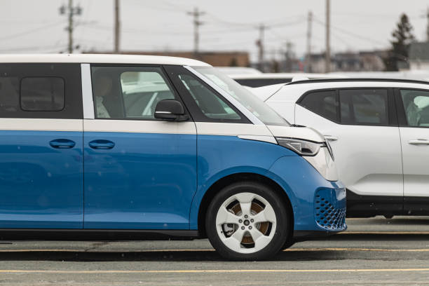 Eastern Passage, Nova Scotia, Canada - March 10, 2025 - A 2025 Volkswagen ID.Buzz Microbus awaits transport from an autoport. Transport from this autoport can come via rail, truck or ship.
