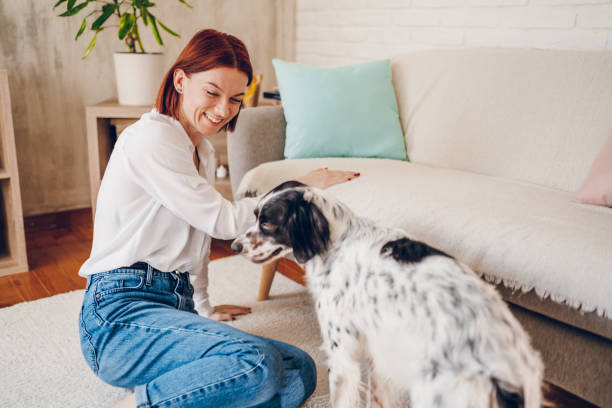 istock Woman enjoy with dog at home 2204557586