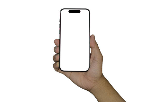 istock Hand holding smartphone mockup with a Transparent screen as png isolated on empty background, mobile phone hand mockup, modern smart phone mockup, New modern black frameless smartphone mockup 2204558567