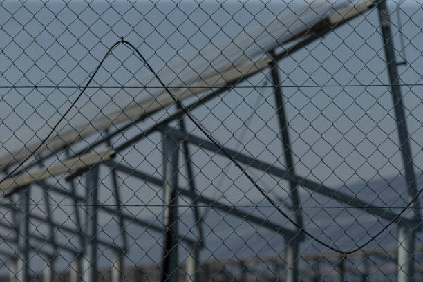 A chain link fence stands tall, with a row of solar panels placed neatly behind it, working together for sustainable energy