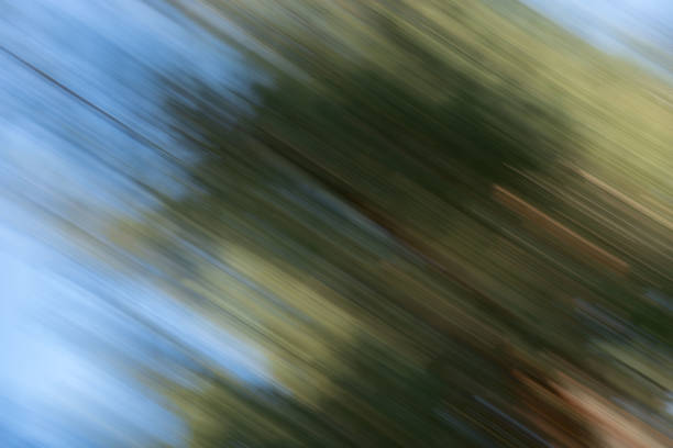 abstract motion blur of green foliage against blue sky creates a dynamic and energized visual effect with diagonal lines and soft natural color variations, scene, contemporary, fluid, environment