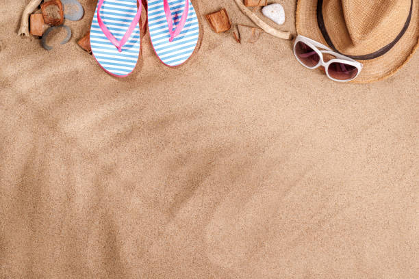 istock A tropical summer background featuring soft beach sand with delicate palm leaf shadows and sunhat 2204568755