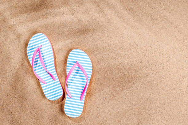 istock A tropical summer background featuring beach sand with palm leaf shadows and a pair of flip-flops 2204568909
