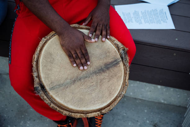istock Hands Skillfully Positioned on a Drum Captivating Rhythm in Stunning Red Attire, Evoking Energy and Emotion in a Joyous Celebration 2204573118