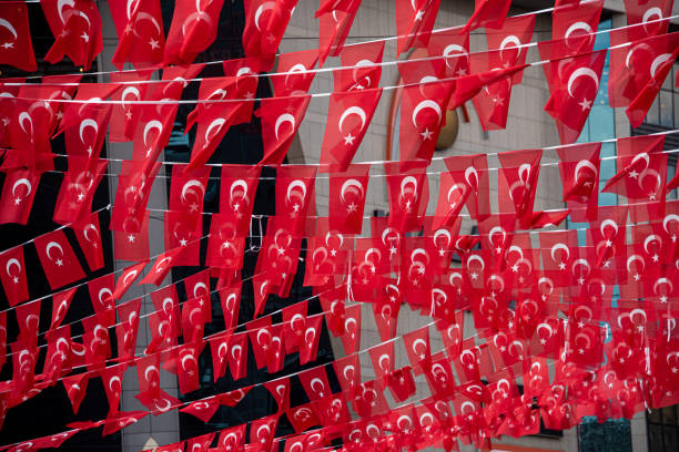 Turkish flags strung on rope in the city center - Kızılay square