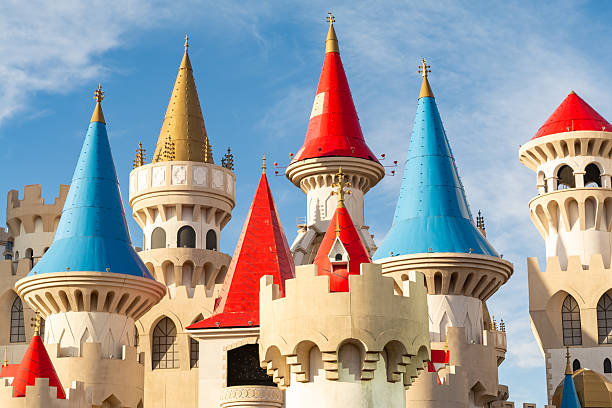 Las Vegas, Nevada, USA - March 2nd 2025 - Early morning light on the decorative details of The Excalibur Hotel and Casino on the Las Vegas Strip.