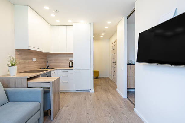 Modern Compact Apartment Interior With Contemporary Kitchen and Wooden Flooring