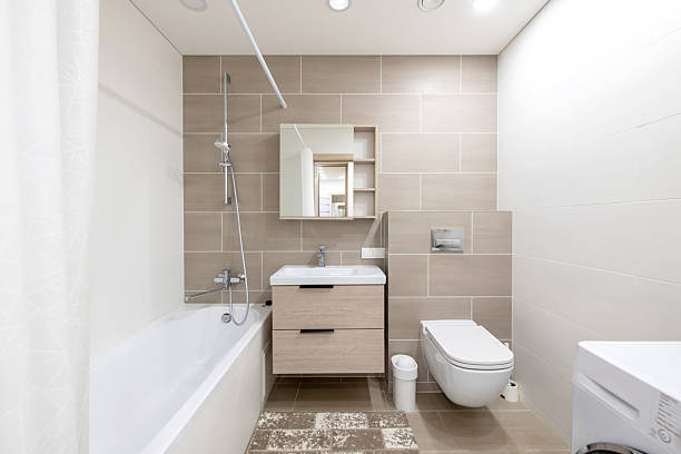 istock Modern Home Bathroom Interior with Washing Machine and Minimalist Design Features 2204585511