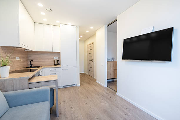 istock Modern Home Compact Kitchen Iteerior with Contemporary Design in a Bright Apartment. Scandinavian Style 2204585675