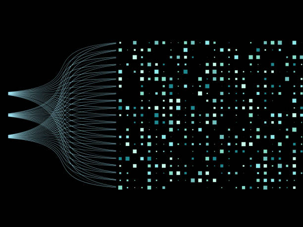 A dynamic visualization showcasing flowing lines transitioning into a grid of squares, set against a stark black background, creating an engaging interplay of movement and structure. This captivating design features intricate lines that elegantly converge into a grid of luminous squares, offering a striking contrast against a deep black backdrop, evoking a sense of motion and organized complexity. sorter machine stock illustrations