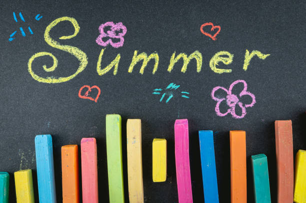 The word summer is beautifully written in chalk on a blackboard