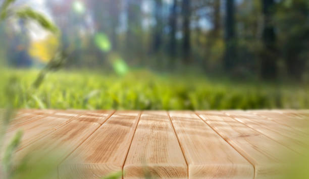 istock Empty wooden table top on green nature background. Copy space for products. 2204590508