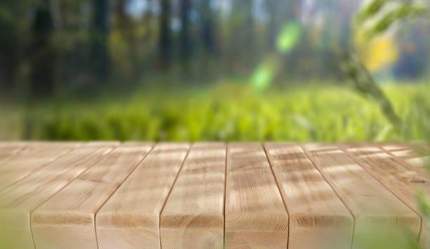 istock Empty wooden table top on green nature background. Copy space for products. 2204590541