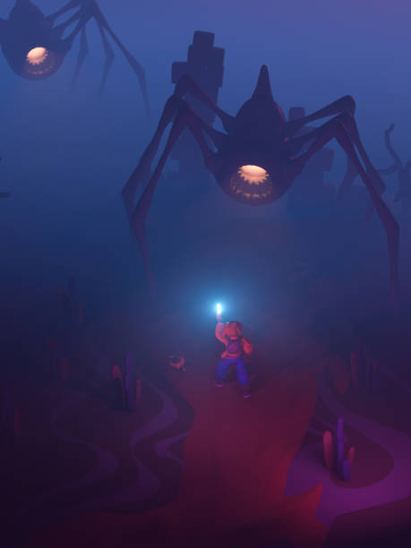 istock 3d render brave hero lights way with lantern, stands in front of huge spider with sting, glowing yellow mouth with sharp teeth stands its paws in swampy dead landscape of mystical place with blue fog 2204592420