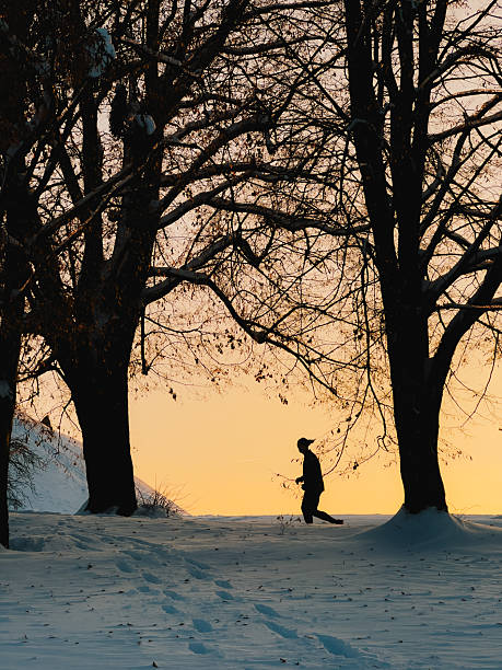 Silhouetting young man running through snow at sunset. Winter silhouette revealing lone runner navigating snowy landscape, bare trees framing dramatic sunset with minimalist elegance serene movement