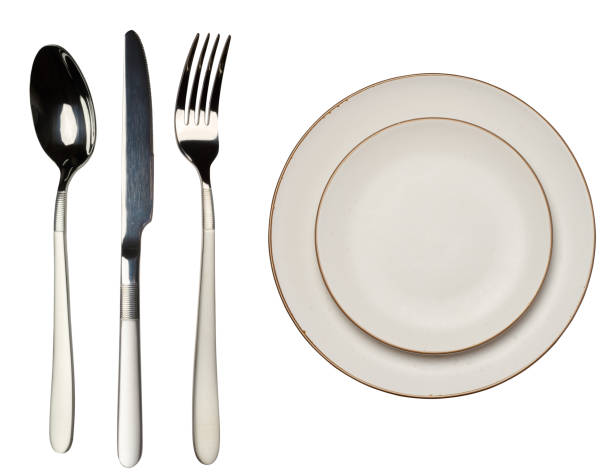 istock Empty white plate and cutlery on isolated background, top view 2204596854