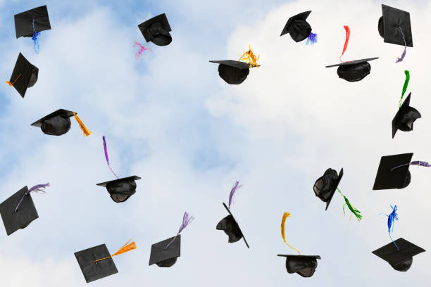 Lot's of mortarboards (graduation caps) flying on a sky background. Can be used as a template for high school or college university graduate party, graduate invitations, card or banner. Space for copy.