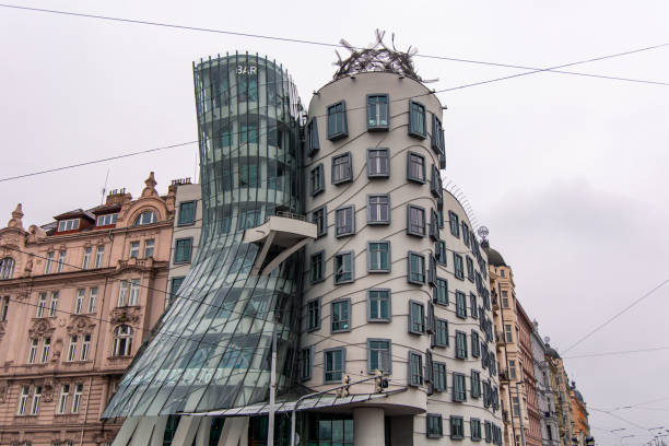 02-21-2025, Prague, The Dancing House, also known as Fred and Ginger, stands out among traditional buildings in Prague, Czech Republic, showcasing its deconstructivist architecture