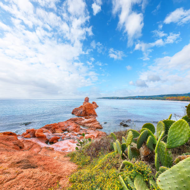 Impressive view of Red Rocks (is Scoglius Arrubius) on Cea beach. Location: Tortoli, Province of Ogliastra, Sardinia, Italy, Europe