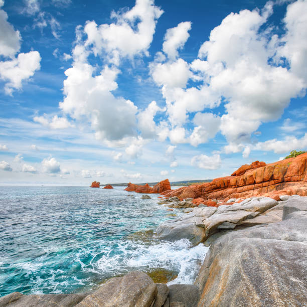 Exciting  view of Red Rocks (is Scoglius Arrubius) on Cea beach. Location: Tortoli, Province of Ogliastra, Sardinia, Italy, Europe