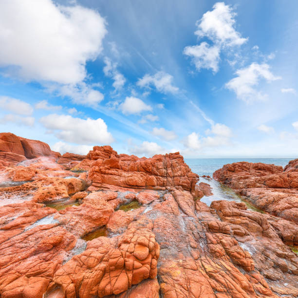 Exciting  view of Red Rocks (is Scoglius Arrubius) on Cea beach. Location: Tortoli, Province of Ogliastra, Sardinia, Italy, Europe
