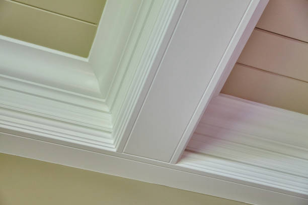 istock Elegant Crown Molding and Textured Ceiling Detail, Upward View 2204602518