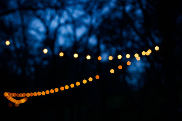 Soft defocused glow of string lights against a dark forest background in the evening. An atmospheric shot with a bokeh effect creates a cozy and mysterious mood