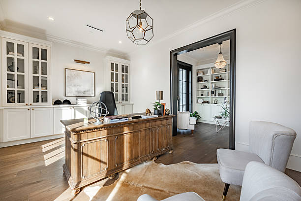 large and elegant home office interior - evden çalışma stok fotoğraflar ve resimler