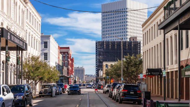 Galveston, Texas, USA - Tourist and locals walking in downtown on a sunny day