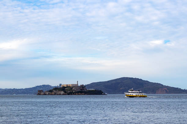 Alcatraz jail island in San Francisco bay. View from the side of the Golden Gate Bridge