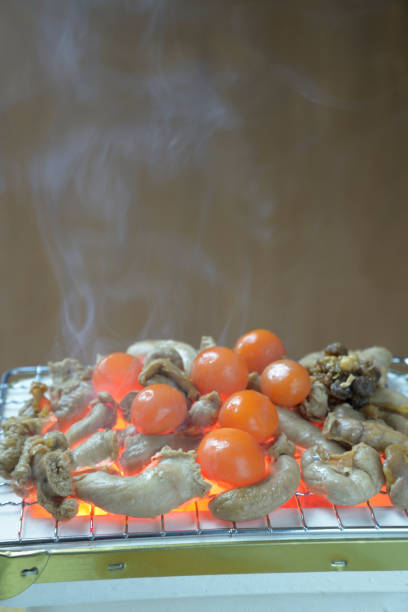 Grilling chicken offal on a charcoal grill with rising smoke
