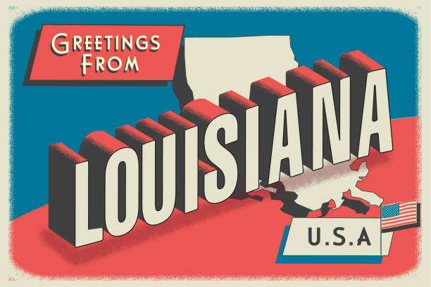 Vector illustration of a Greetings from USA retro postcard design layout with 3D vintage tourism style text design. State map. Red and blue color palette with American flag. All fonts outlined. Download includes vector eps and high resolution jpg.