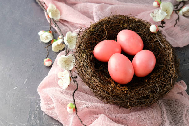 istock Pink Easter eggs in a bird's nest with white flowers on a pink fabric background 2204611588