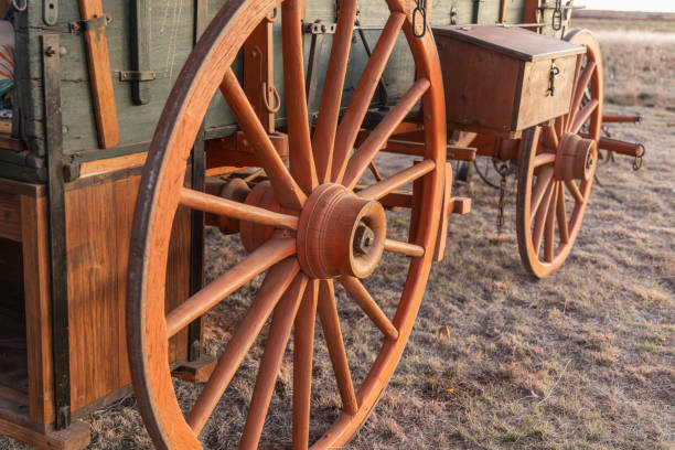 Childress, Texas, United States. Spoked wooden wheel on an old chuck wagon.