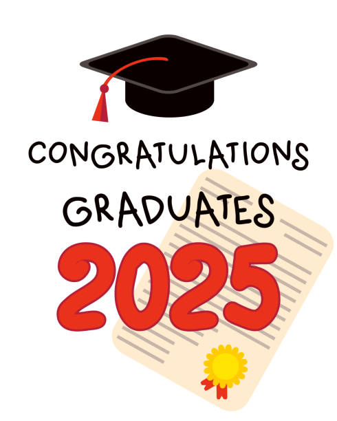 istock Congratulations graduates 2025 text, graduation cap and diploma certificate. Perfect for stickers, labels, cards. Hand drawn vector illustration. 2204627123