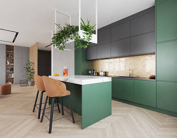 istock Green and gray kitchen with hanging plants 2204634437