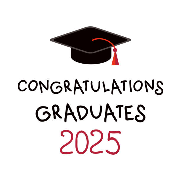 istock Congratulations graduates 2025 text and graduation cap. Festive design for stickers, labels, cards. Hand drawn vector illustration. 2204634480