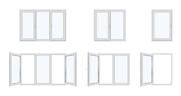 istock Windows panorama with plastic frames and handles on door. Vector isolated set of realistic glass for home, interior design, or architecture element for building. Constructions for light 2204635063