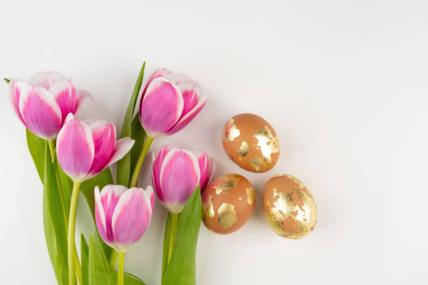 istock Golden brown eggs with tulips on a white background, top view. Easter festive banner. 2204637665