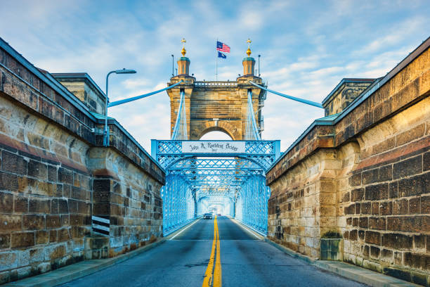 The historic John A. Roebling Suspension Bridge (1867) in Cincinnati Ohio USA.
