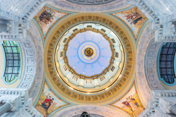 Frankfort, KY, USA, Sept. 14, 2023: Detail of the front facade and pediment of the historic Kentucky State Capitol in Frankfort.