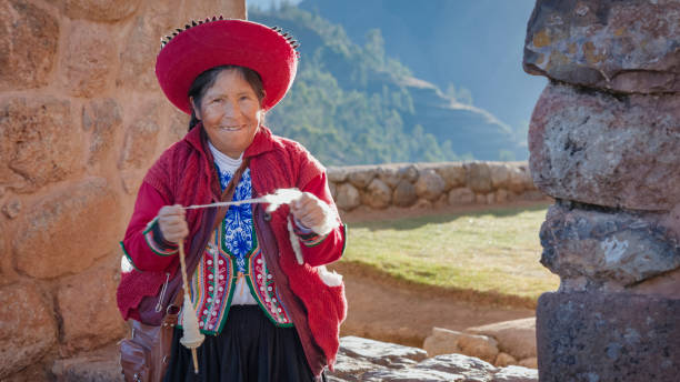 istock Peruvian woman spinning wool by hand in Chinchero, Sacred Valley, Peru 2204644287