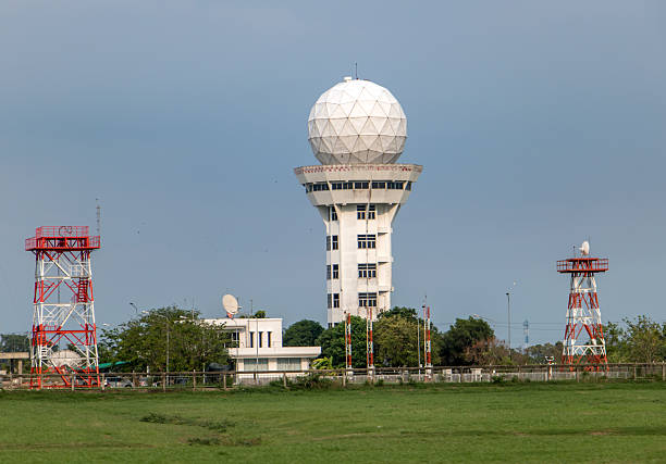 istock Aeronautical meteorological observations station tower with spherical radar antenna.Control tower with weather radar on airport, on blue sky background. 2204646225
